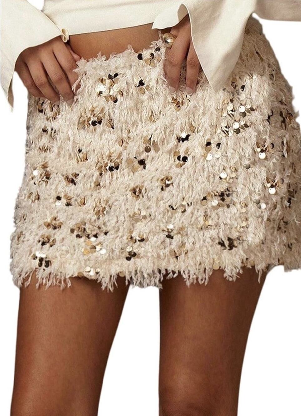 MakeMeChic Women's Shiny Sequin Mini Skirt Faux Feather Sz L